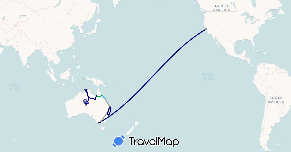TravelMap itinerary: driving, bus, plane, boat in Australia, United States (North America, Oceania)